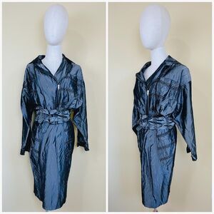 1980s  Silver Windbreaker Suit / 80s Moto Jacket and Pencil Skirt / Small